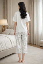 White Script Lounge Set – Premium Lycra Relaxed Night Suit for Women - Image 2