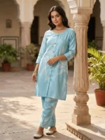 Sky Blue Printed Co-ord Set for Women – Cotton Kurta & Palazzo Set - Image 5