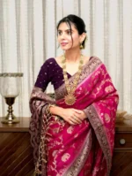 Rani Pink Royal Zari Elephant Motif Silk Saree with Antique Border – Luxury Wedding & Festive Wear - Image 6