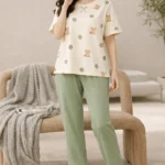 Royal Shopping Teddy Dot Sage Green Night Suit – Soft Lycra Full-Length Comfort Set for Women