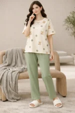 Royal Shopping Teddy Dot Sage Green Night Suit – Soft Lycra Full-Length Comfort Set for Women