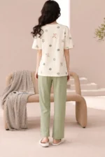 Royal Shopping Teddy Dot Sage Green Night Suit – Soft Lycra Full-Length Comfort Set for Women - Image 2