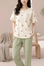 Royal Shopping Teddy Dot Sage Green Night Suit – Soft Lycra Full-Length Comfort Set for Women - Image 3