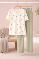 Royal Shopping Teddy Dot Sage Green Night Suit – Soft Lycra Full-Length Comfort Set for Women - Image 4