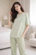 Pastel Mint Solid Lounge Set – Soft Lycra Comfort Night Suit for Women - Image 3