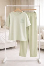 Pastel Mint Solid Lounge Set – Soft Lycra Comfort Night Suit for Women - Image 4