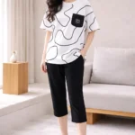 Monochrome Abstract Lounge Set – Premium Lycra Capri Night Suit for Women