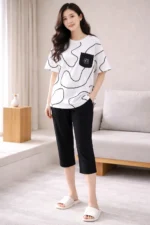 Monochrome Abstract Lounge Set – Premium Lycra Capri Night Suit for Women