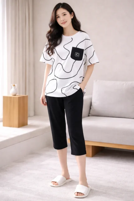 Monochrome Abstract Lounge Set – Premium Lycra Capri Night Suit for Women