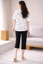Monochrome Abstract Lounge Set – Premium Lycra Capri Night Suit for Women - Image 2