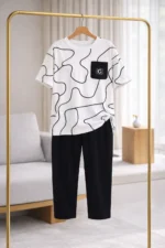 Monochrome Abstract Lounge Set – Premium Lycra Capri Night Suit for Women - Image 4