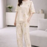 Cream Teddy Comfort Set – Soft Printed Lycra Night Suit for Women