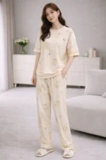 Cream Teddy Comfort Set – Soft Printed Lycra Night Suit for Women