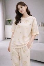 Cream Teddy Comfort Set – Soft Printed Lycra Night Suit for Women - Image 3