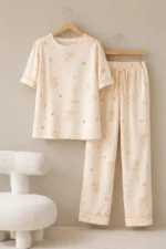 Cream Teddy Comfort Set – Soft Printed Lycra Night Suit for Women - Image 4