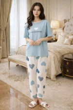 Sky Heart Lounge Set – Cute Printed Lycra Night Suit for Women - Image 3