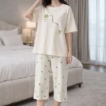 Clover Cream Capri Set – Minimal Printed Lycra Lounge Night Suit for Women