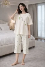 Clover Cream Capri Set – Minimal Printed Lycra Lounge Night Suit for Women