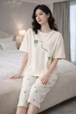 Clover Cream Capri Set – Minimal Printed Lycra Lounge Night Suit for Women - Image 3