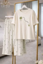 Clover Cream Capri Set – Minimal Printed Lycra Lounge Night Suit for Women - Image 4