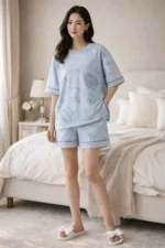 Soft Lycra Printed Night Suit Set – Relaxed Fit Lounge Co-Ord (Sky Blue)