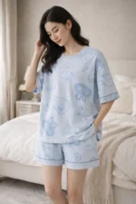 Soft Lycra Printed Night Suit Set – Relaxed Fit Lounge Co-Ord (Sky Blue) - Image 3