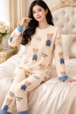 Teddy Print Lycra Full Sleeve Night Suit Set – Premium Stretch Lounge Set - Image 3