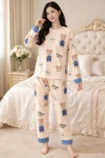 Teddy Print Lycra Full Sleeve Night Suit Set – Premium Stretch Lounge Set