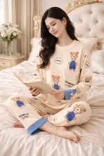 Teddy Print Lycra Full Sleeve Night Suit Set – Premium Stretch Lounge Set - Image 6