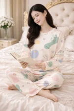 Pastel Print Lycra Full Sleeve Night Suit Set – Premium Stretch Lounge Set - Image 6