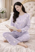 Lavender Moon Print Lycra Full Sleeve Night Suit Set – Premium Stretch Lounge Set - Image 6