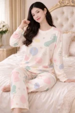 Pastel Print Lycra Full Sleeve Night Suit Set – Premium Stretch Lounge Set - Image 3