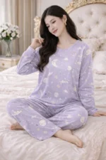 Lavender Moon Print Lycra Full Sleeve Night Suit Set – Premium Stretch Lounge Set - Image 3