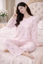 Floral Print Lycra Full Sleeve Night Suit Set – Premium Stretch Lounge Set - Image 3