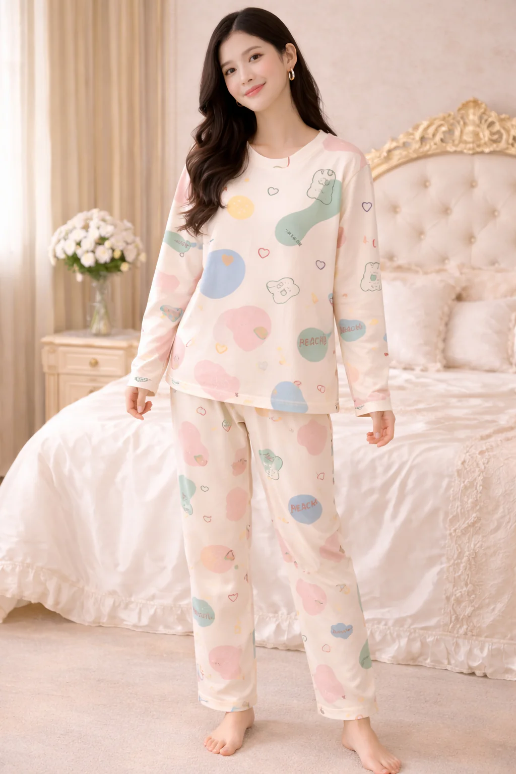 ChatGPTImageJan14_2026_10_29_13AM Pastel Print Lycra Full Sleeve Night Suit Set – Premium Stretch Lounge Set - Image 1
