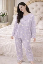 Lavender Moon Print Lycra Full Sleeve Night Suit Set – Premium Stretch Lounge Set