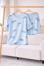 Sky Blue Cloud Print Lycra Night Suit Set – Soft Summer Co-Ord Shorts Set for Women - Image 4
