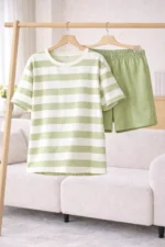 Sage Green Striped Lycra Lounge Set – Minimal Summer Co-Ord Shorts Set for Women - Image 4