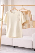 Soft Beige Bunny Print Lycra Night Suit Set – Minimal Summer Co-Ord Shorts Set for Women - Image 4