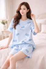 Sky Blue Cloud Print Lycra Night Suit Set – Soft Summer Co-Ord Shorts Set for Women - Image 3