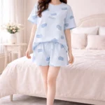 Sky Blue Cloud Print Lycra Night Suit Set – Soft Summer Co-Ord Shorts Set for Women
