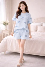 Sky Blue Cloud Print Lycra Night Suit Set – Soft Summer Co-Ord Shorts Set for Women
