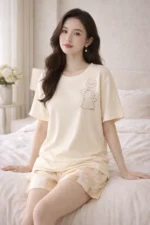Soft Beige Bunny Print Lycra Night Suit Set – Minimal Summer Co-Ord Shorts Set for Women - Image 3