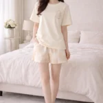 Soft Beige Bunny Print Lycra Night Suit Set – Minimal Summer Co-Ord Shorts Set for Women