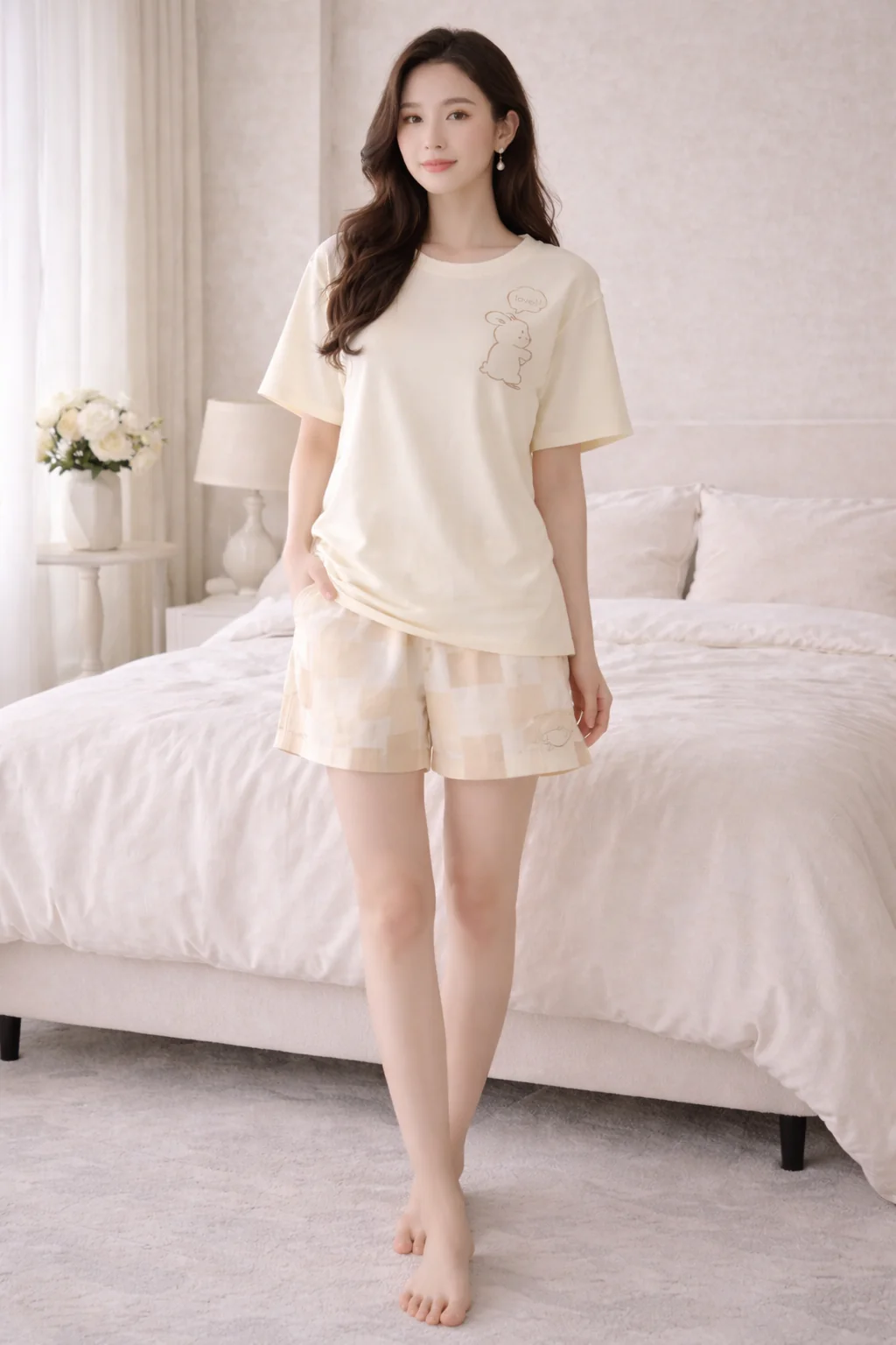 ChatGPTImageJan15_2026_04_41_41PM Soft Beige Bunny Print Lycra Night Suit Set – Minimal Summer Co-Ord Shorts Set for Women - Image 1
