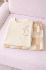 Soft Beige Bunny Print Lycra Night Suit Set – Minimal Summer Co-Ord Shorts Set for Women - Image 5