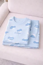 Sky Blue Cloud Print Lycra Night Suit Set – Soft Summer Co-Ord Shorts Set for Women - Image 5