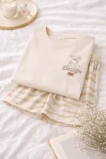 Beige Minimal Print Lycra Night Suit Set – Soft Neutral Lounge Co-Ord Shorts Set for Women - Image 5