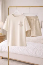 Beige Minimal Print Lycra Night Suit Set – Soft Neutral Lounge Co-Ord Shorts Set for Women - Image 4