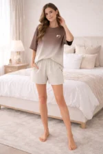 Ombre Brown Lycra Night Suit Set – Premium Gradient Lounge Co-Ord Shorts Set for Women